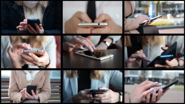 Videocollage aus neun Videos, weiblichen Händen und Smartphone — Stockvideo