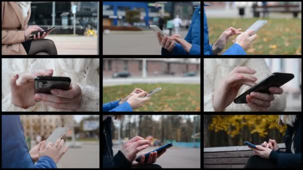 Videó kollázs kilenc videók, női kéz és egy telefon — Stock videók