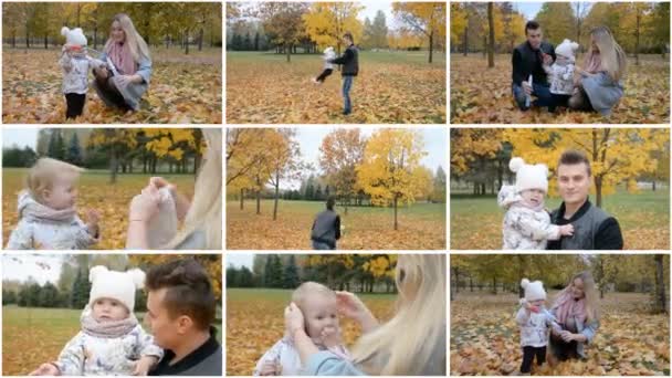 Videokollage med nio videor i 4k upplösning, lycklig familj: mamma, pappa och liten dotter spelar tillsammans utanför — Stockvideo