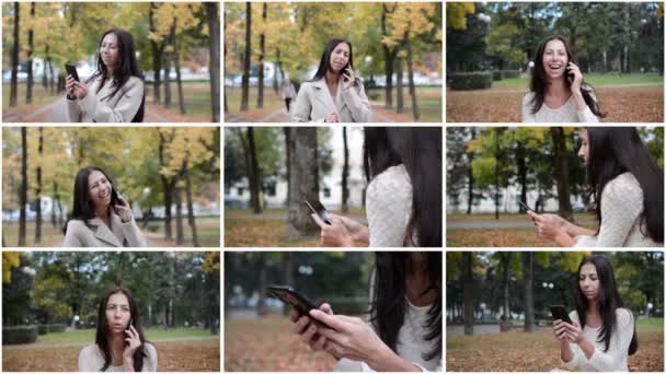 Bela mulher de negócios emocionalmente falando no telefone e escrever uma mensagem — Vídeo de Stock