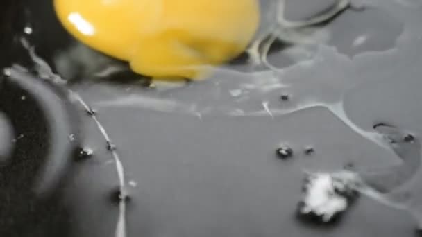 Brutna ägg faller ner i stekpannan — Stockvideo