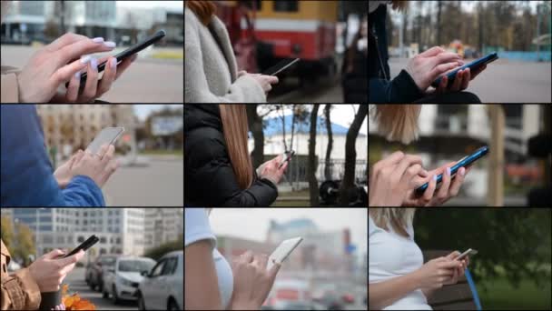 Mains d'une fille moderne tenant un téléphone et tapant un message sur un réseau social — Video