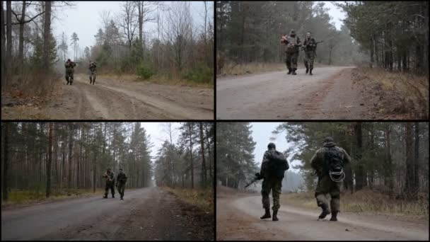 Zwei Soldaten in Tarnuniformen und Waffen in der Hand gehen — Stockvideo