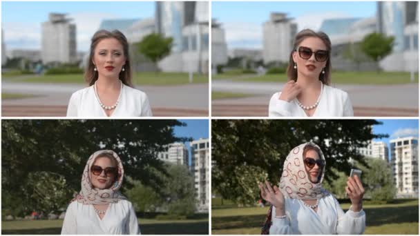 Portret uliczny eleganckiej i stylowej kobiety — Wideo stockowe