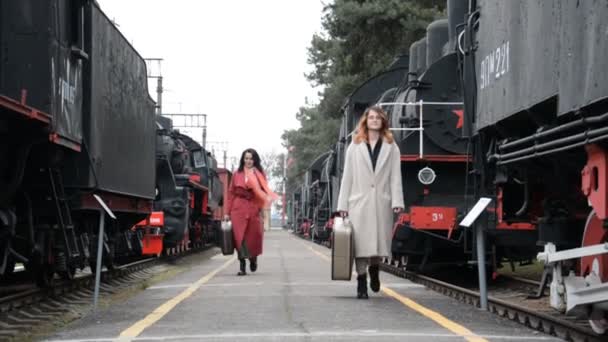 Ein junges Mädchen und eine Frau gehen mit Koffern auf einen Bahnsteig — Stockvideo