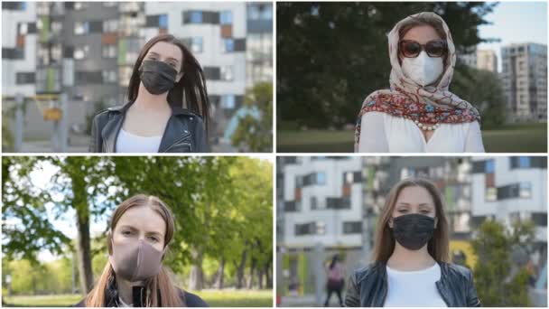 Жіночий міський портрет в захисній медичній масці — стокове відео
