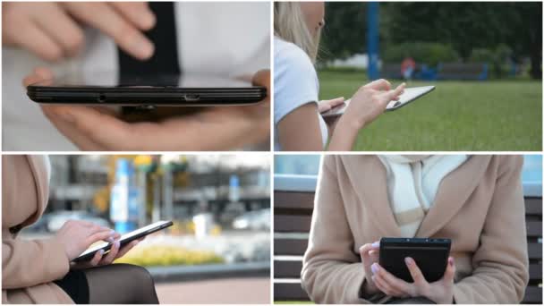 Business donna mani vicino guarda qualcosa nel suo tablet per strada — Video Stock