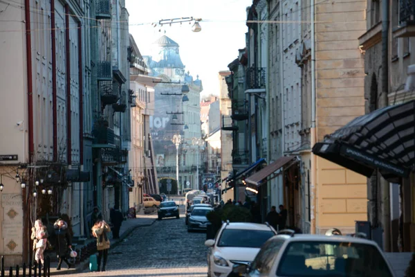 Lviv Ukraine December 2020 People Walk Central Street Square City — Stock Photo, Image