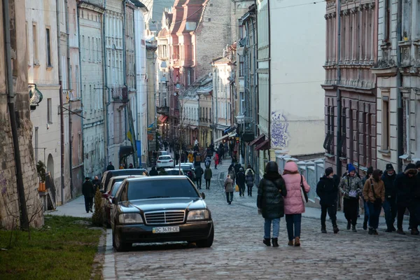 Lviv Ukraine December 2020 People Walk Central Street Square City — Stock Photo, Image