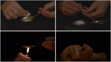 Eroin enjeksiyonunun hazırlanma aşamaları, dört klipten oluşan video kolajı