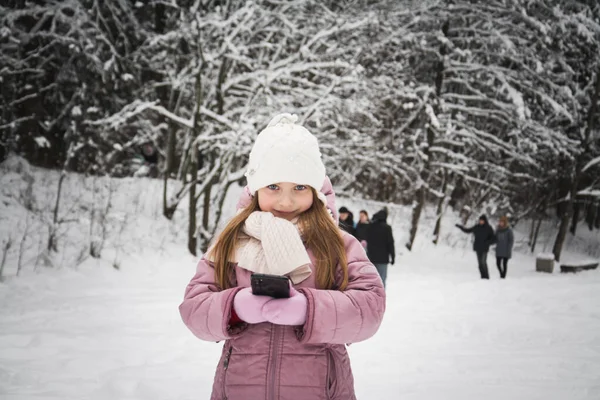Piękna Dziewczynka Pięć Lat Portret Śnieżnym Parku Miejskim Zimie — Zdjęcie stockowe