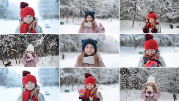 Portrait de collage vidéo 4k de petites filles en hiver — Video