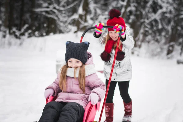 Duas Belas Meninas Irmãs Estão Jogando Parque Inverno — Fotografia de Stock