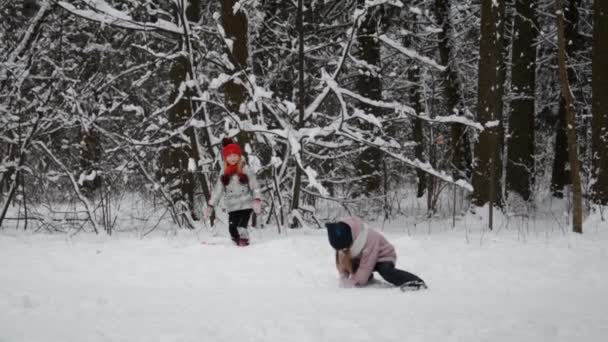 Dos niñas jugando con nieve — Vídeo de stock