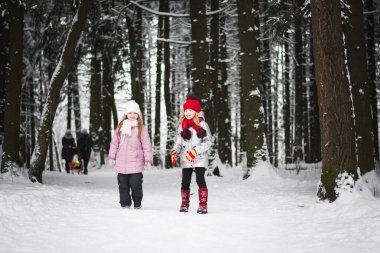 Kış ormanında oynayan iki küçük kız.
