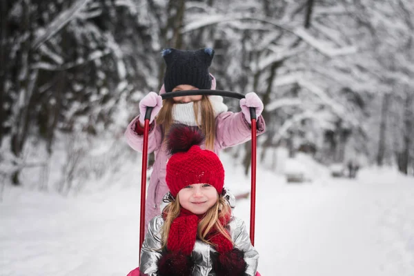 Duas Meninas Brincando Floresta Inverno — Fotografia de Stock