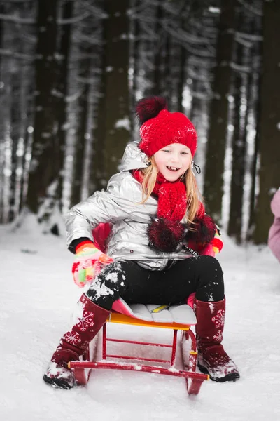 Twee Kleine Meisjes Spelen Het Winterbos — Stockfoto
