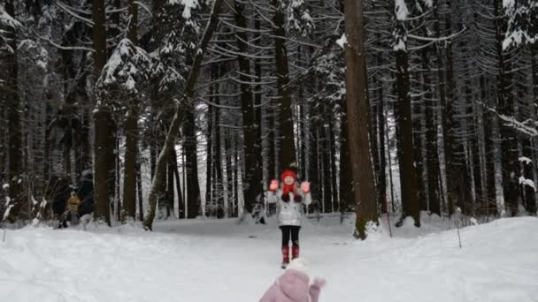 İki mutlu güzel çocuk karla kaplı bir ormanda kızak gezintisi yapıyor. — Stok video