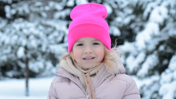 Schattig klein meisje in warme hoed buiten op koude winter — Stockvideo