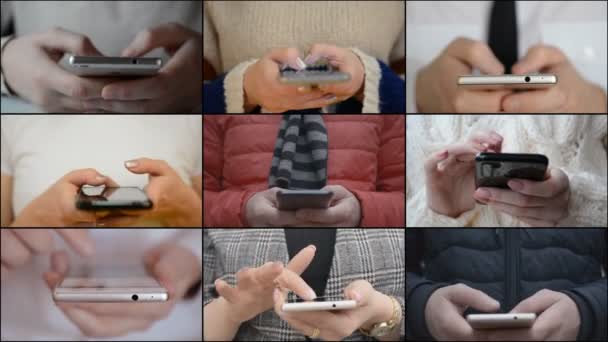 Media muur met close-up handen van een man met behulp van smartphone — Stockvideo
