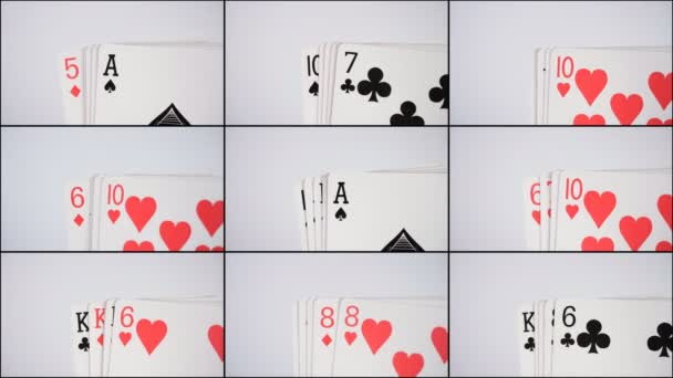 4k collage media wall poker playing cards hand on white — 图库视频影像