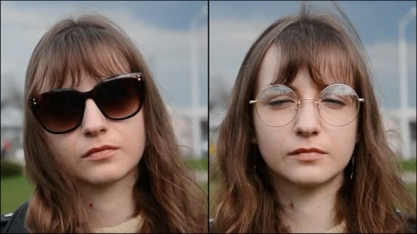 視力とサングラスのコラージュからメガネで若く美しい女の子の肖像画 — ストック動画