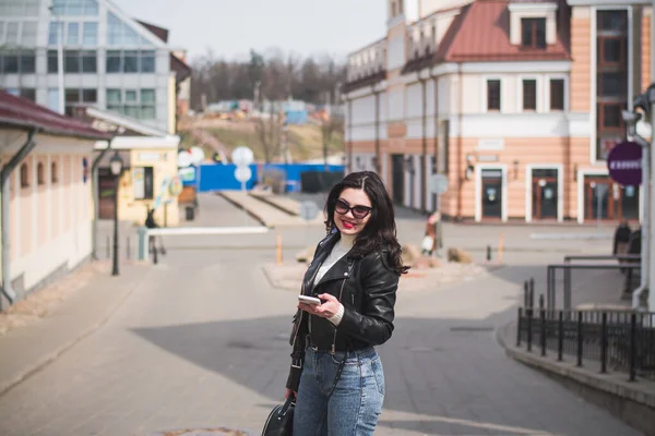 Beautiful Young Girl Student Hipster Walks Street Her City Spring — Stock Photo, Image