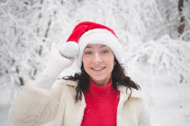 Kışın karlı ormanda güzel bir kız Noel 'de giysi portresi