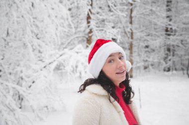 Kışın karlı ormanda güzel bir kız Noel 'de giysi portresi