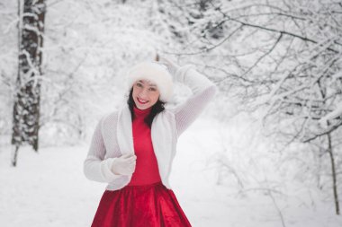 Kışın karlı ormanda güzel bir kız Noel 'de giysi portresi