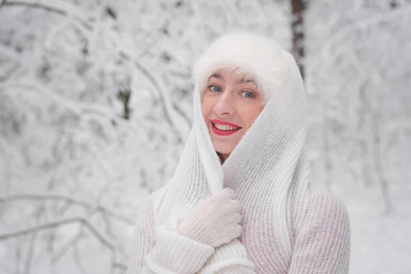 Kışın Karlı Ormanda Güzel Bir Kız Noel Giysi Portresi — Stok fotoğraf