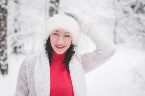 冬の雪の森の中の美しい女の子クリスマス服の肖像画 — ストック写真