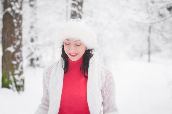 Bella Ragazza Inverno Foresta Innevata Abiti Natale Ritratto — Foto Stock