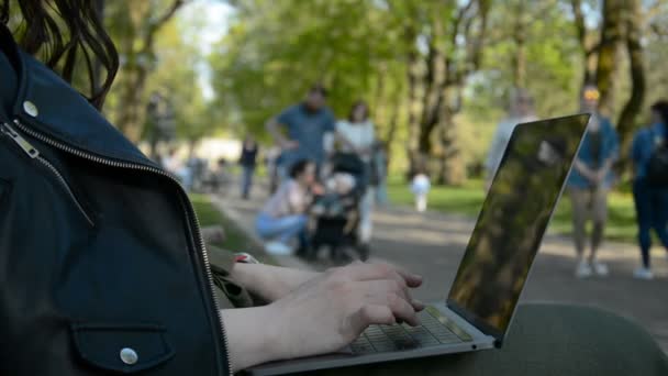 Mujer usando su laptop en el parque Summet — Vídeos de Stock