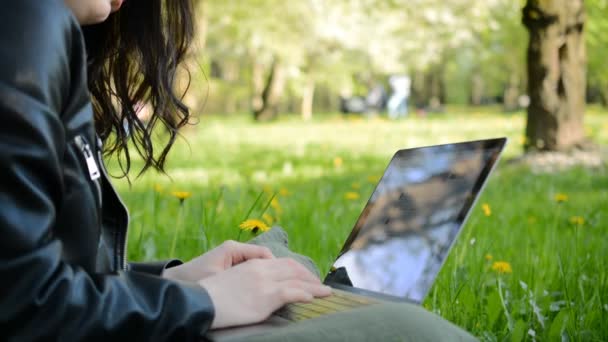 Imágenes de primer plano de las manos de una mujer escribiendo en una computadora portátil al aire libre — Vídeos de Stock