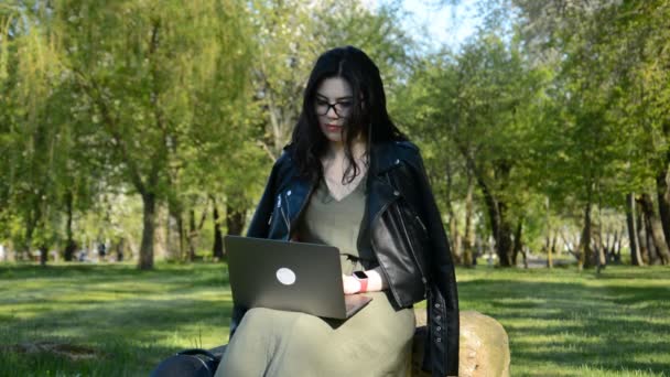 Concetto freelance, giovane ragazza caucasica che lavora su laptop in un parco estivo all'aperto da solo — Video Stock