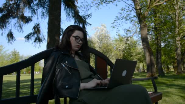 Giovane ragazza caucasica sta usando il computer portatile mentre seduto su una panchina del parco estivo — Video Stock
