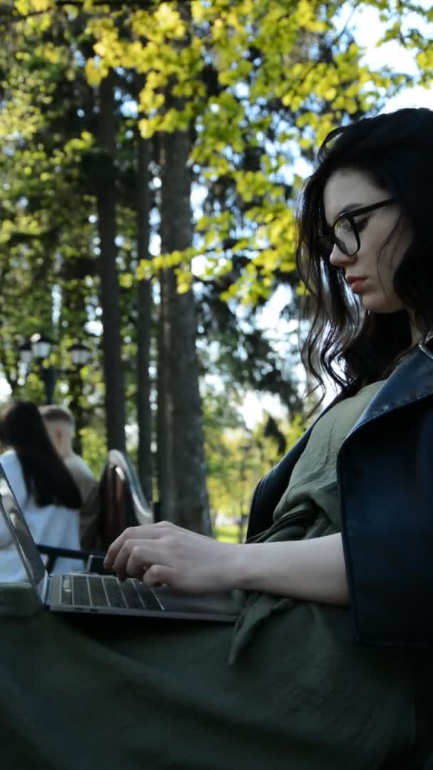 Fechar a digitação mulher mãos laptop parque ao ar livre — Vídeo de Stock