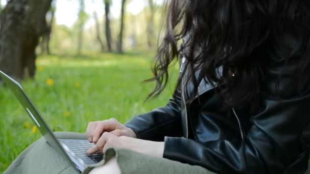 Side view női kéz, üzletasszony, gépelés laptop billentyűzet zöld fű disokused háttér — Stock videók