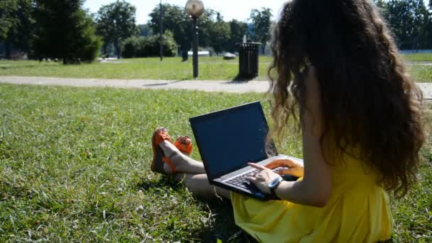 Boldog barna nő használ laptop számítógép, miközben ül a fa mellett a fű a nyári parkban — Stock videók