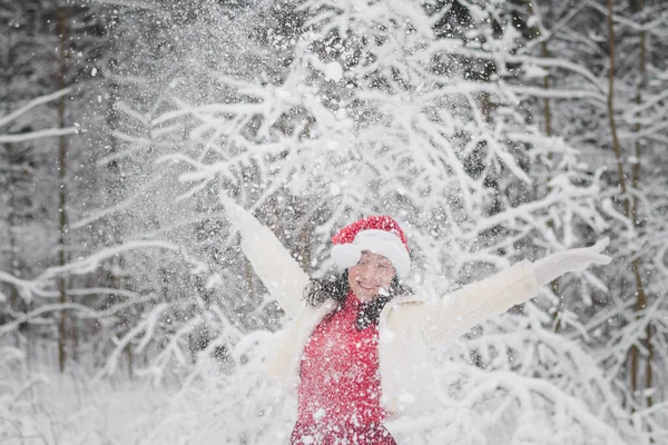 Menina Bonita Uma Floresta Nevada Roupas Natal — Fotografia de Stock