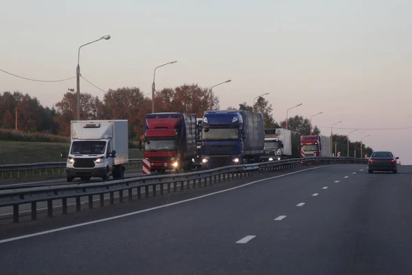 Semi trucks lorry convoy move on asphalted highway front view on summer dusk, safety drive overtake on suburban road, cargo transportation logistics