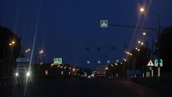 Suburban Dry Asphalted Night Road Dark Trucks Streetlights Night Drive — Stock Photo, Image