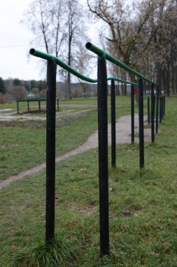 Boş eski metal jimnastik barları parktaki terk edilmiş bir spor sahasında bulutlu bir sonbahar gününde yeşil çimenler ve çıplak ağaçlar üzerinde