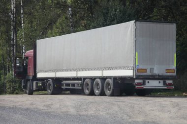 Yazın yeşil orman arka planında, yol kenarına park etmiş gri tenteli karavanı olan Avrupa kamyoneti, sürücü iş saati tatili, kargo lojistiği, yol taşımacılığında mal teslimatı