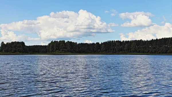 Rosyjski Krajobraz Rzeczny Widok Pięknej Wody Rzecznej Zielona Linia Leśna — Zdjęcie stockowe