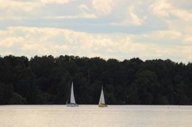 Moskova 'da beyaz yelkenli iki yelkenli yelkenli su deposu. Uzak sahilde yeşil orman ağaçları var. Mavi gökyüzünde bulutlar, nehir turizmi, manzara.
