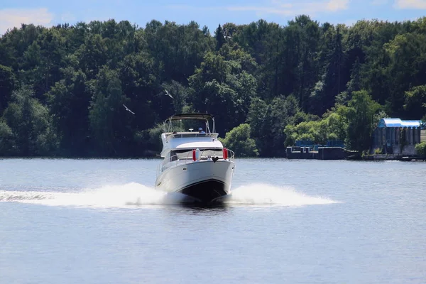 Vista Frontal Del Barco Motor Cabina Blanca Flotante Rápida Árboles — Foto de Stock