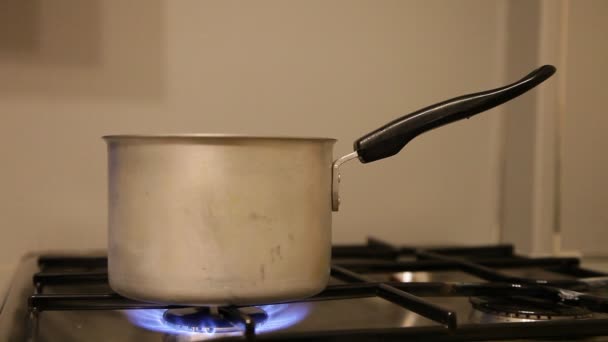 불꽃이 스테인리스 가스레인지에 알루미늄 안전을 요리하는 — 비디오