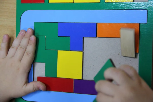 Children Colorful Wooden Tetris Game Mosaic Puzzle Geometric Shapes Close — Stock Photo, Image